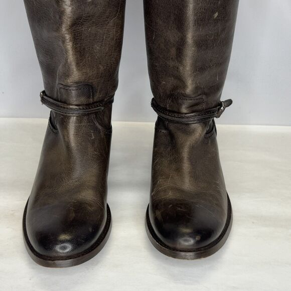 Frye Knee High Riding Boots Womens Size 7 Brown Leather Distressed Biker Pull On - Picture 7 of 13